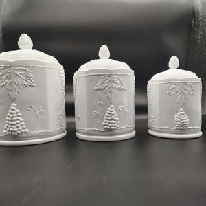 Milk Glass Canister Set with Grape And Leaf Design-Indiana Harvest by Colony